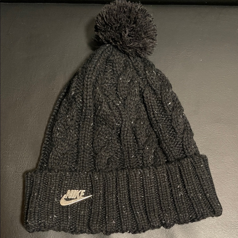 Nike Black Cable Knit Beanie with Pom
